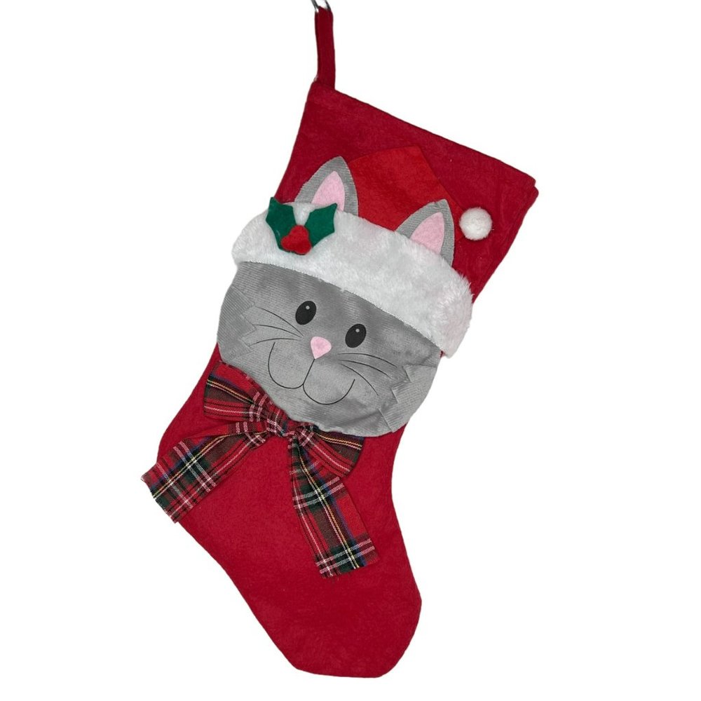 Kitten Christmas Stocking with Bow Red Large Size 17 in Felt Material Cat Lady